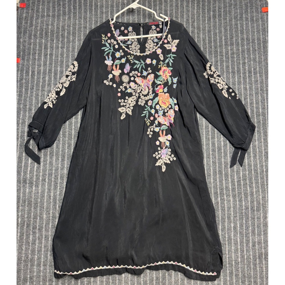 Johnny Was Womens Embroidered Shift Dress XL Black Floral Butterfly Boho Silk